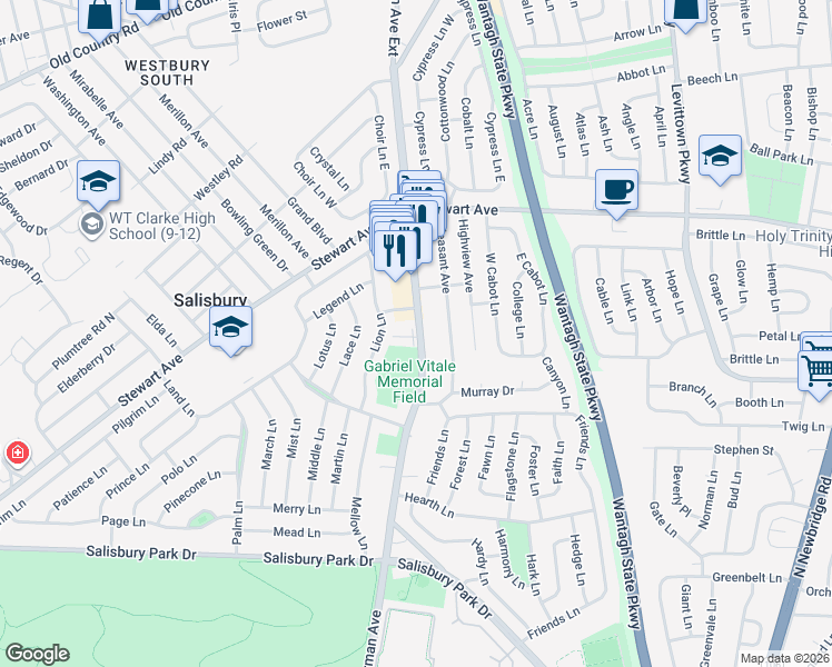 map of restaurants, bars, coffee shops, grocery stores, and more near 723 Carman Avenue in Westbury