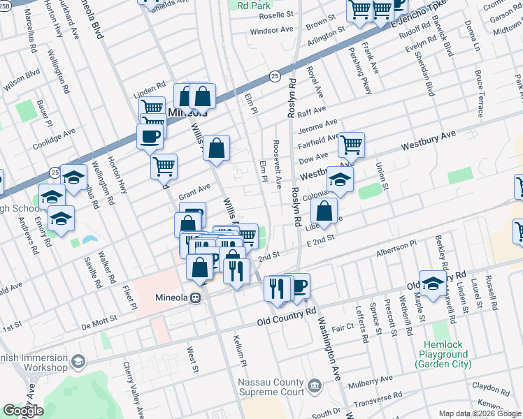 map of restaurants, bars, coffee shops, grocery stores, and more near 101 Searing Avenue in Mineola