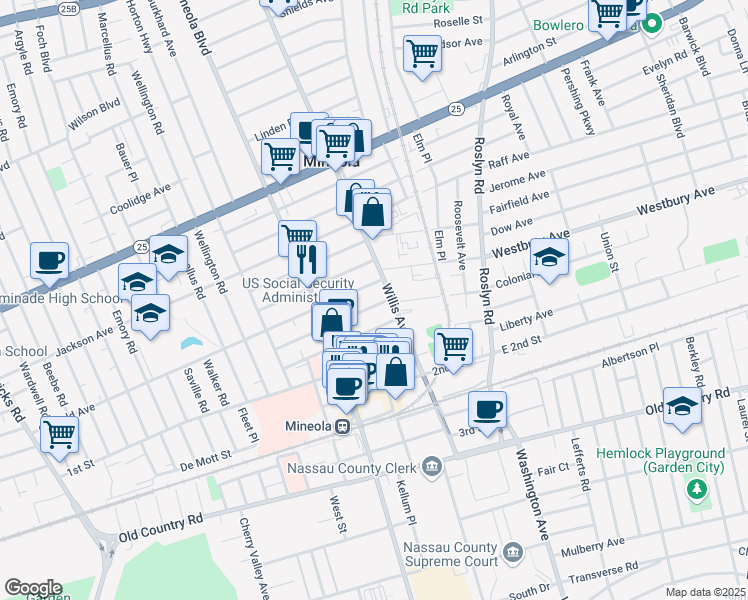 map of restaurants, bars, coffee shops, grocery stores, and more near 162 Cleveland Avenue in Mineola