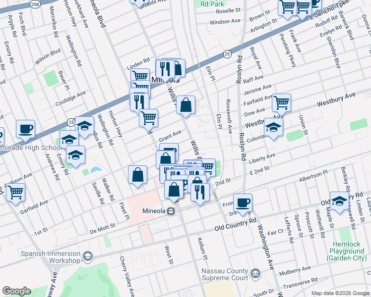map of restaurants, bars, coffee shops, grocery stores, and more near 162 Cleveland Avenue in Mineola