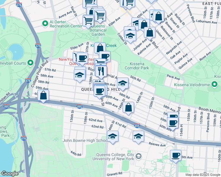 map of restaurants, bars, coffee shops, grocery stores, and more near 142-01 58th Road in Queens