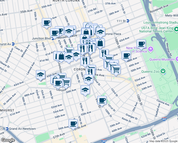 map of restaurants, bars, coffee shops, grocery stores, and more near 99-10 Corona Avenue in Queens