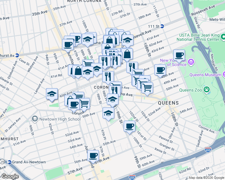 map of restaurants, bars, coffee shops, grocery stores, and more near 99-10 Corona Avenue in Queens