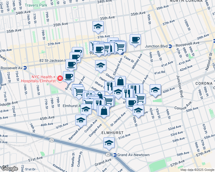map of restaurants, bars, coffee shops, grocery stores, and more near 42-12 Hampton Street in Queens