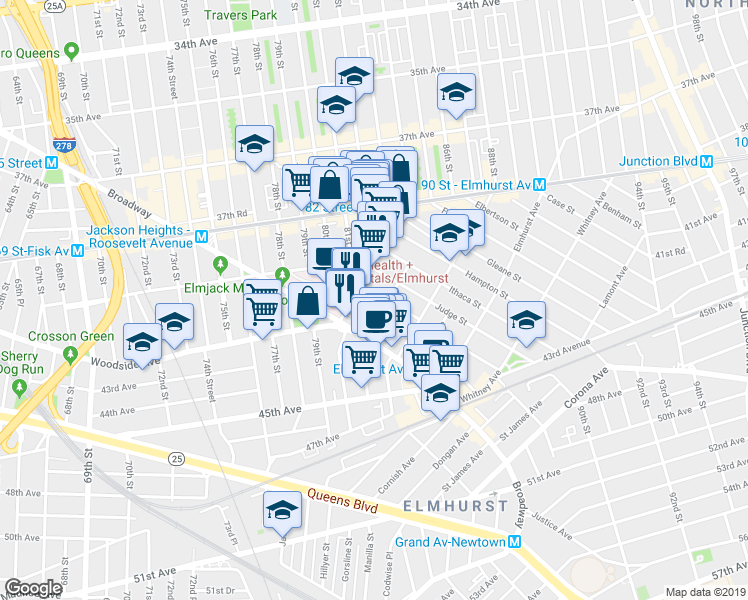 map of restaurants, bars, coffee shops, grocery stores, and more near 42-15 Layton Street in Queens
