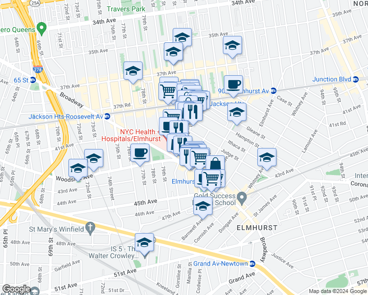 map of restaurants, bars, coffee shops, grocery stores, and more near 42-15 Layton Street in Queens
