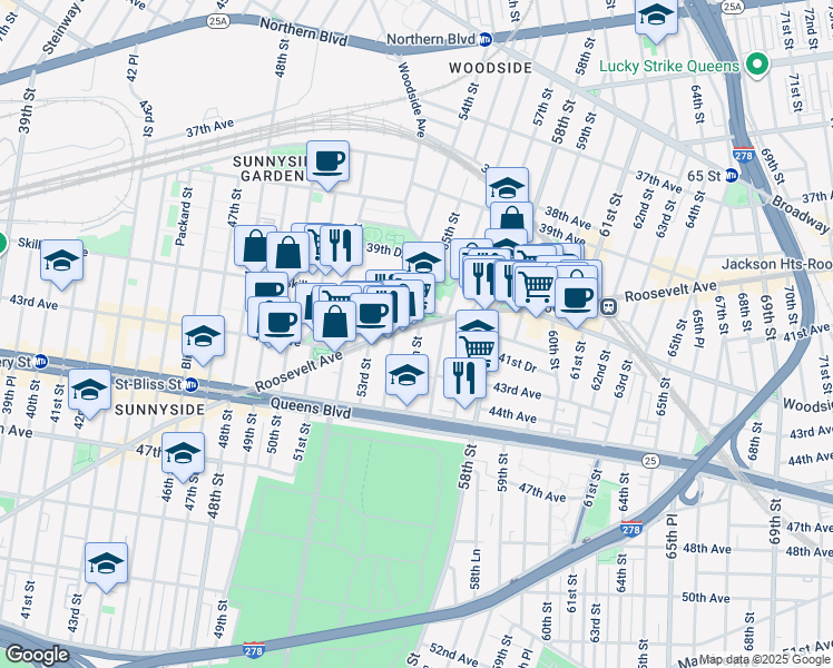 map of restaurants, bars, coffee shops, grocery stores, and more near 41-31 55th Street in Queens
