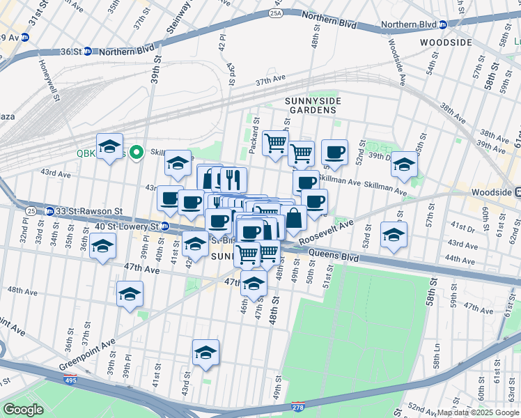 map of restaurants, bars, coffee shops, grocery stores, and more near 43-12 46th Street in Queens