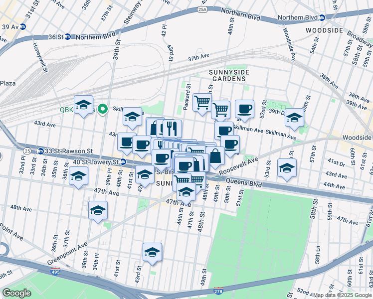 map of restaurants, bars, coffee shops, grocery stores, and more near 46-16 43rd Avenue in Queens