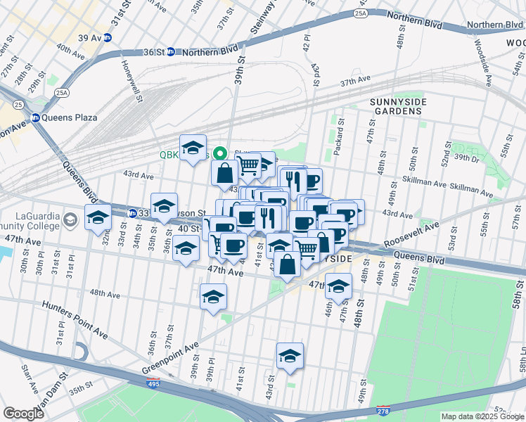 map of restaurants, bars, coffee shops, grocery stores, and more near in Queens