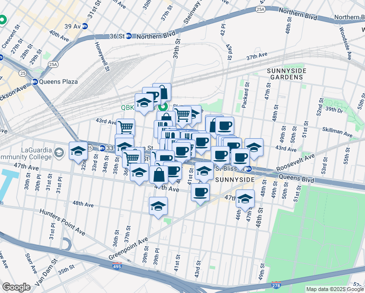 map of restaurants, bars, coffee shops, grocery stores, and more near in Queens