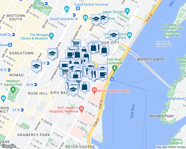 map of restaurants, bars, coffee shops, grocery stores, and more near in New York