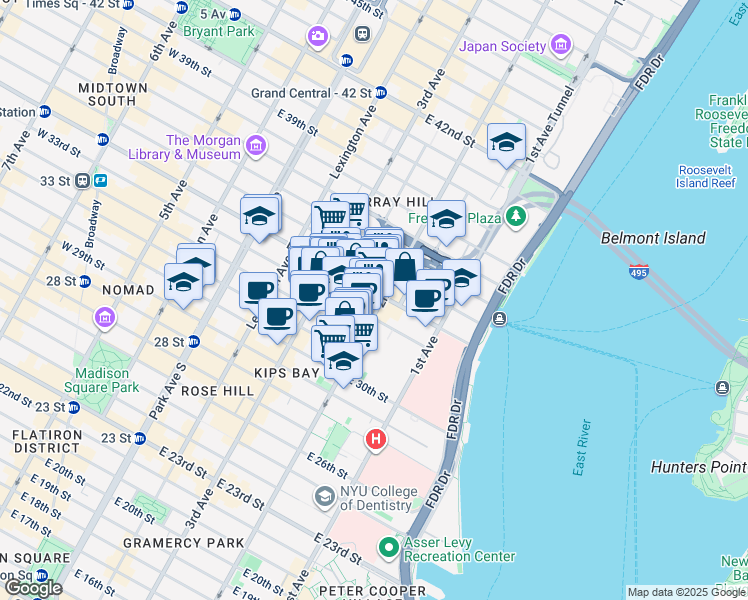 map of restaurants, bars, coffee shops, grocery stores, and more near 239 East 33rd Street in New York