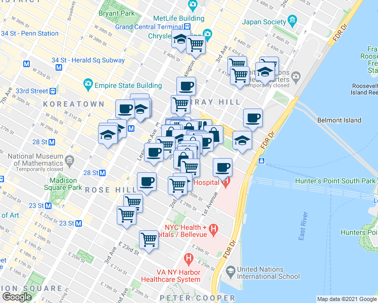 map of restaurants, bars, coffee shops, grocery stores, and more near 239 East 33rd Street in New York