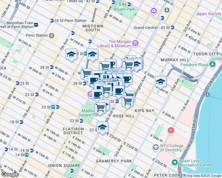 map of restaurants, bars, coffee shops, grocery stores, and more near 79 Madison Avenue in New York