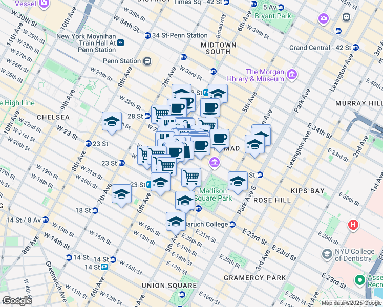 map of restaurants, bars, coffee shops, grocery stores, and more near 37w West 26th Street in New York