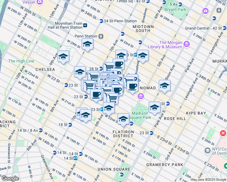 map of restaurants, bars, coffee shops, grocery stores, and more near in New York