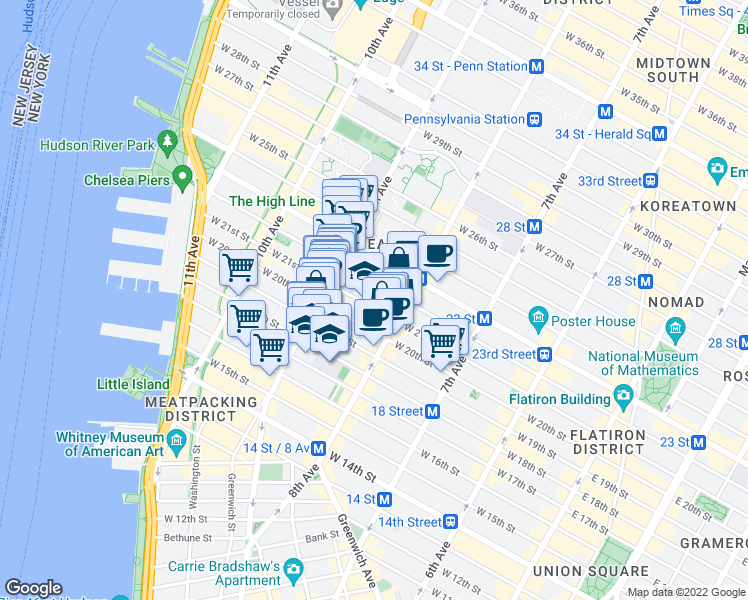 map of restaurants, bars, coffee shops, grocery stores, and more near 326 West 21st Street in New York