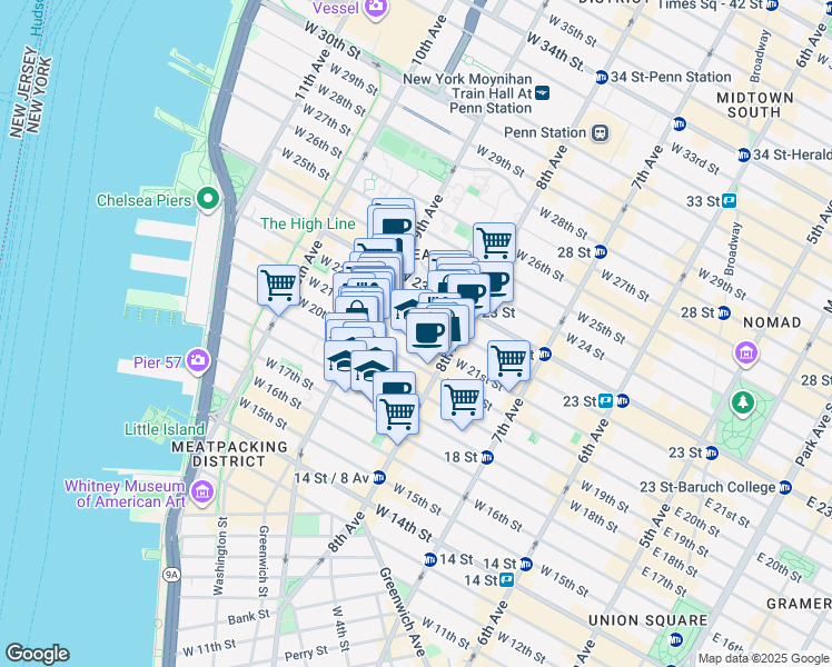 map of restaurants, bars, coffee shops, grocery stores, and more near 326 West 21st Street in New York