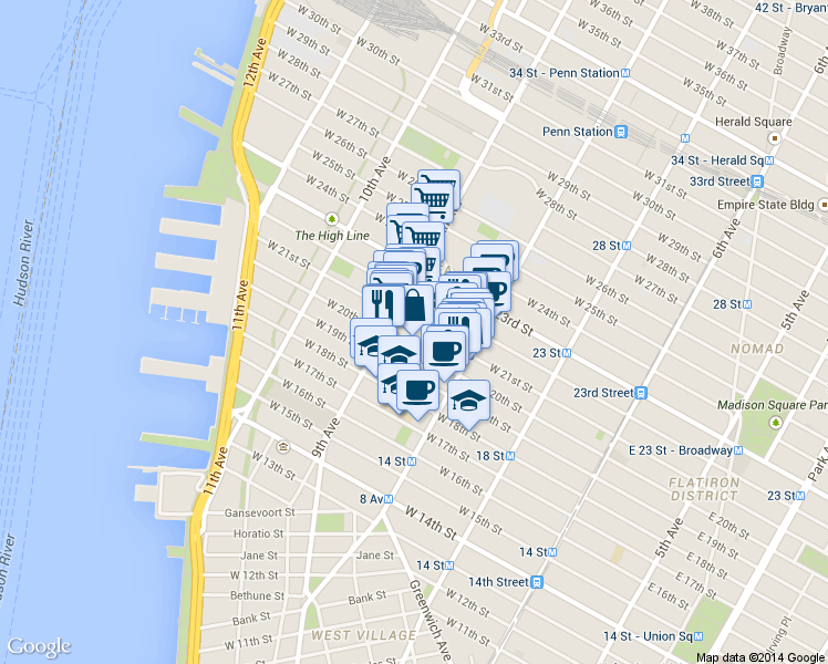 map of restaurants, bars, coffee shops, grocery stores, and more near 326 West 21st Street in New York