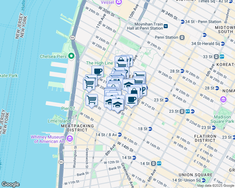 map of restaurants, bars, coffee shops, grocery stores, and more near 162 9th Avenue in New York