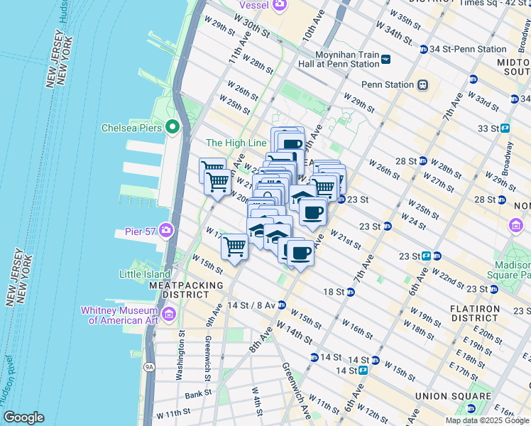 map of restaurants, bars, coffee shops, grocery stores, and more near 162 9th Avenue in New York