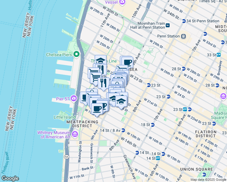 map of restaurants, bars, coffee shops, grocery stores, and more near 421 West 19th Street in New York