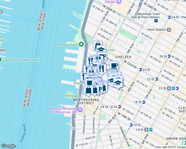 map of restaurants, bars, coffee shops, grocery stores, and more near 501 West 17th Street in New York