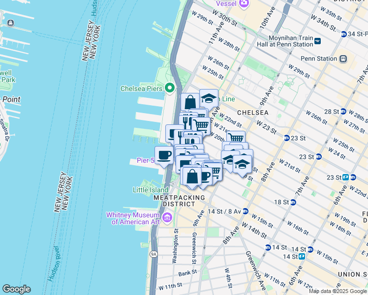 map of restaurants, bars, coffee shops, grocery stores, and more near 501 West 17th Street in New York
