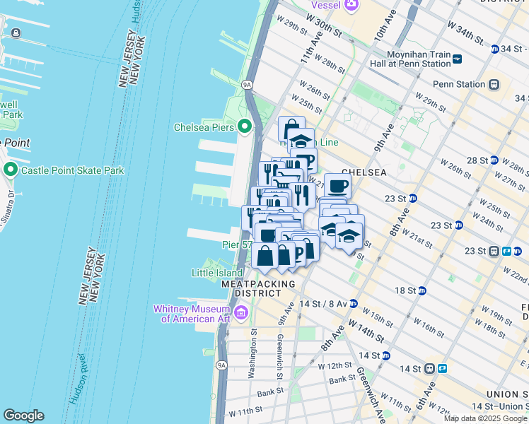 map of restaurants, bars, coffee shops, grocery stores, and more near 501 West 17th Street in New York