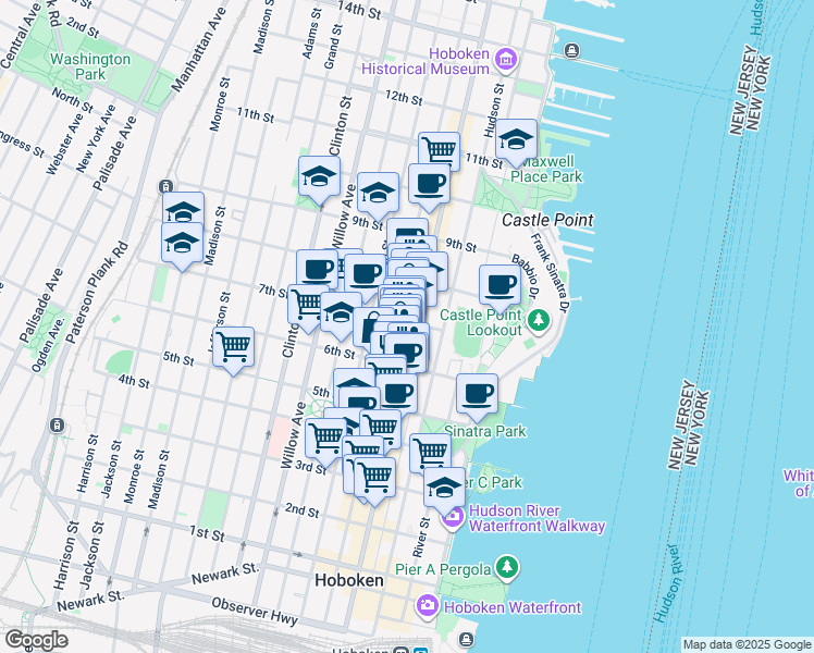 map of restaurants, bars, coffee shops, grocery stores, and more near 631 Bloomfield Street in Hoboken