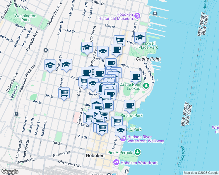 map of restaurants, bars, coffee shops, grocery stores, and more near 631 Bloomfield Street in Hoboken