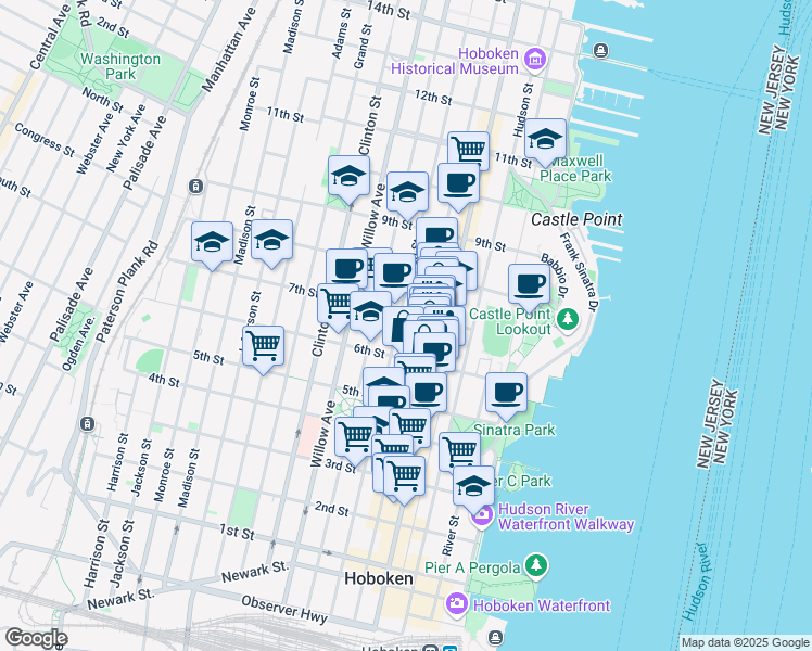 map of restaurants, bars, coffee shops, grocery stores, and more near 631 Bloomfield Street in Hoboken