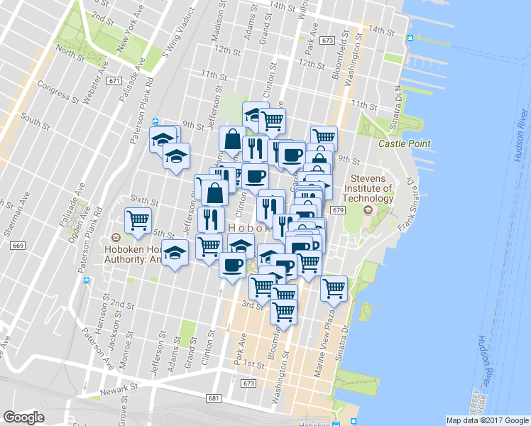 map of restaurants, bars, coffee shops, grocery stores, and more near in Hoboken