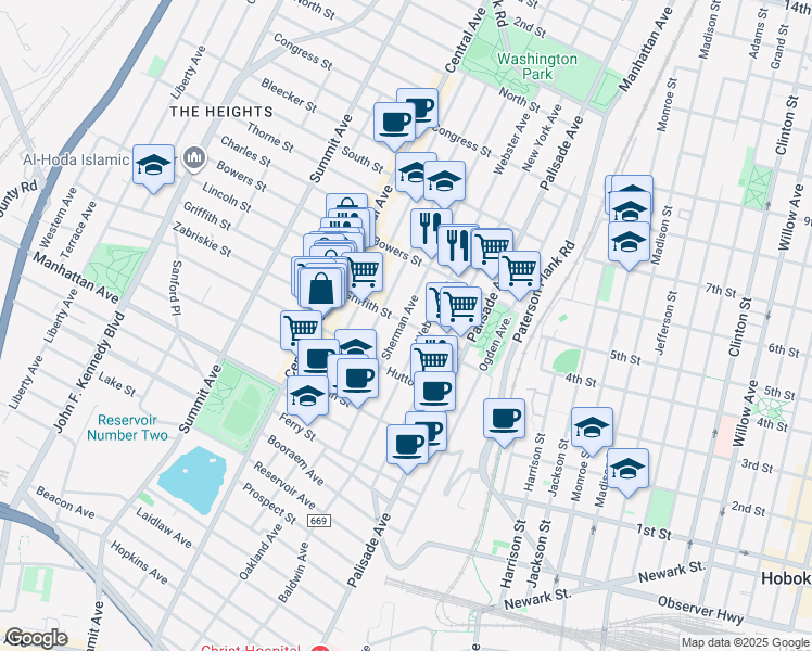 map of restaurants, bars, coffee shops, grocery stores, and more near 176 Webster Avenue in Jersey City