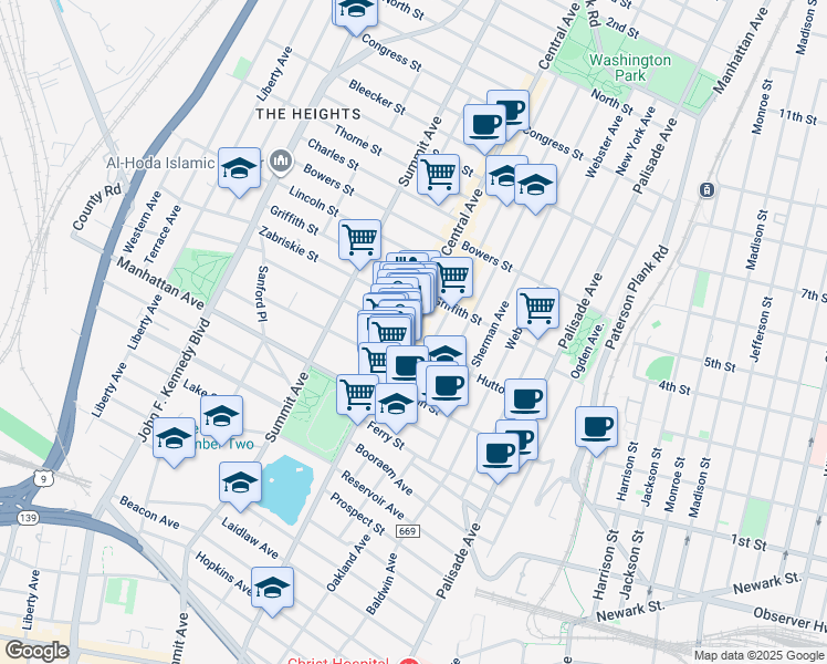 map of restaurants, bars, coffee shops, grocery stores, and more near 270 Central Avenue in Jersey City