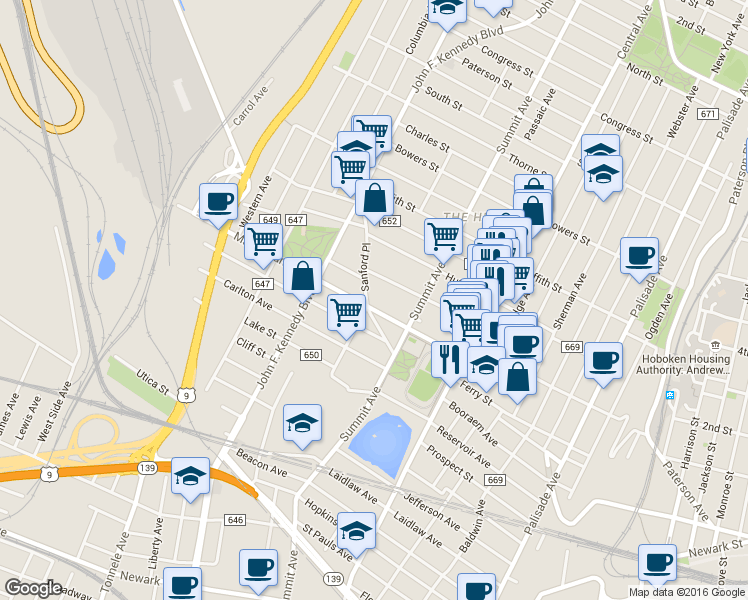map of restaurants, bars, coffee shops, grocery stores, and more near 146 Manhattan Avenue in Jersey City