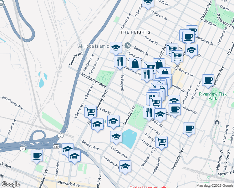map of restaurants, bars, coffee shops, grocery stores, and more near 171 Manhattan Avenue in Jersey City