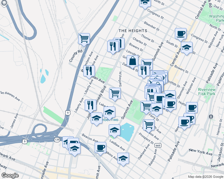 map of restaurants, bars, coffee shops, grocery stores, and more near 171 Manhattan Avenue in Jersey City