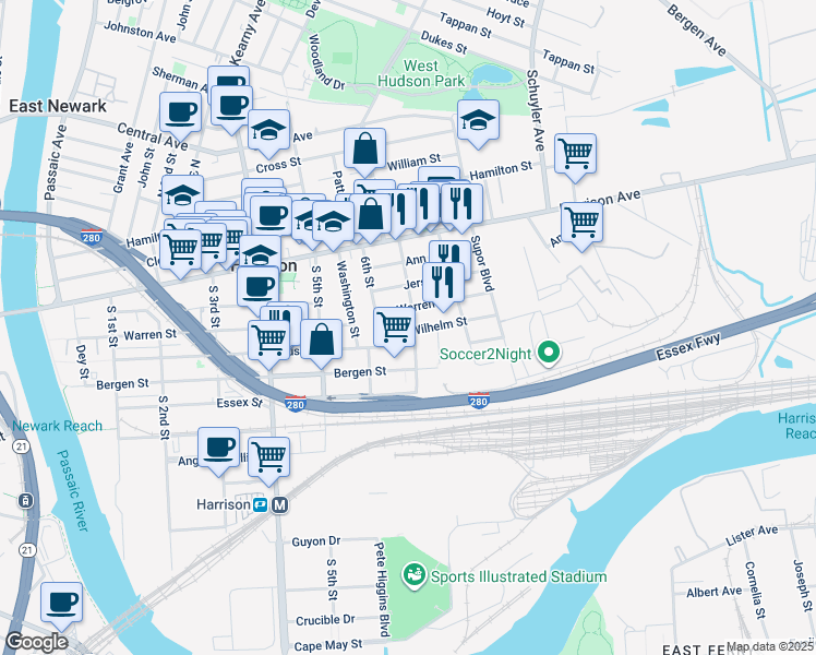 map of restaurants, bars, coffee shops, grocery stores, and more near 608 Wilhelm Street in Harrison