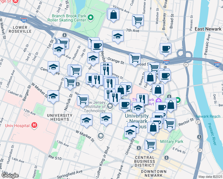 map of restaurants, bars, coffee shops, grocery stores, and more near 185-193 Central Avenue in Newark