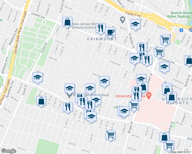 map of restaurants, bars, coffee shops, grocery stores, and more near in Newark