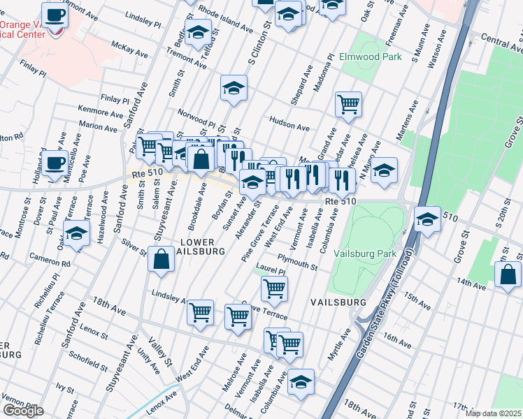 map of restaurants, bars, coffee shops, grocery stores, and more near 25 Pine Grove Terrace in Newark