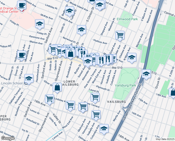 map of restaurants, bars, coffee shops, grocery stores, and more near 33 Alexander Street in Newark