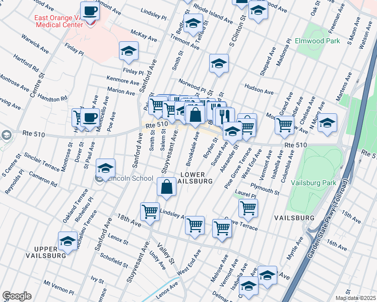 map of restaurants, bars, coffee shops, grocery stores, and more near 52 Brookdale Avenue in Newark