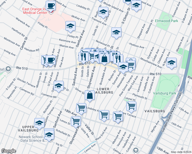 map of restaurants, bars, coffee shops, grocery stores, and more near 57 Norwood Street in Newark