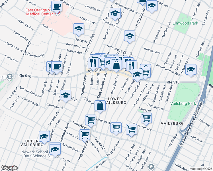 map of restaurants, bars, coffee shops, grocery stores, and more near 57 Norwood Street in Newark