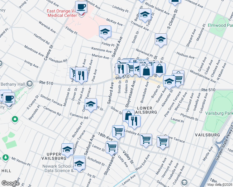 map of restaurants, bars, coffee shops, grocery stores, and more near 500 Sanford Avenue in Newark
