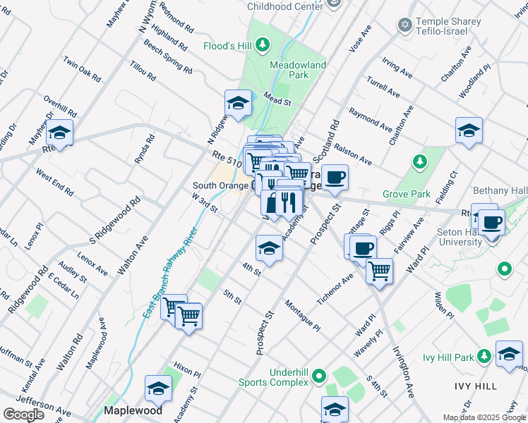 map of restaurants, bars, coffee shops, grocery stores, and more near 24 2nd Street in South Orange
