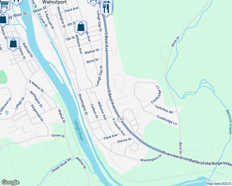 map of restaurants, bars, coffee shops, grocery stores, and more near 39 View Drive in Walnutport